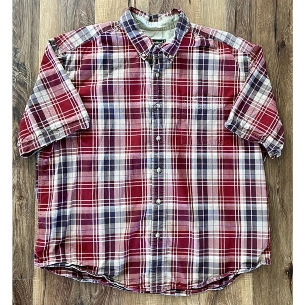 Eddie Bauer Men's Button Down Shirt Size XXL SS Red, Brown plaid EUC‎